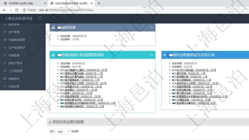 項(xiàng)目管理軟件風(fēng)險(xiǎn)投資基金管理總經(jīng)理儀表盤可以查看項(xiàng)目投資運(yùn)營(yíng)日程圖。圖表左邊包括投資項(xiàng)目與子項(xiàng)目分解，圖表上方包括每月日程日期，圖表內(nèi)容包括投資項(xiàng)目里程碑、投資金額、投資到期、追加投資、投資運(yùn)營(yíng)發(fā)生事件等。