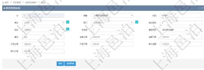 通過項目管理軟件財務(wù)管理系統(tǒng)，可以修改差旅標準信息字段數(shù)據(jù)：差旅標準代碼、單位、部門、崗位級別、地點、優(yōu)先級、差旅項目、備注、金額上限、金額下限、價格上限、價格下限、默認金額、默認價格。