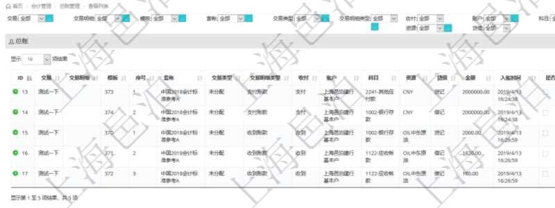 在項(xiàng)目管理軟件會(huì)計(jì)管理系統(tǒng)里，可通過總賬管理列表返回的信息有交易、交易明細(xì)、模板、序號(hào)、套賬、交易類型、交易明細(xì)類型、收付標(biāo)志、賬戶、科目、貨幣單位、借貸標(biāo)志、金額、入賬時(shí)間、是否手工賬、說明。