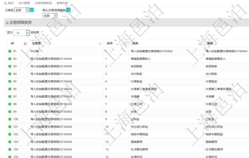 在項目管理軟件會計管理系統(tǒng)里，可通過查詢交易明細類型列表返回的信息有：父類型、序號、交易明細類型名稱、描述、默認交易明細模板。