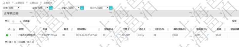 在項目管理軟件車輛管理系統(tǒng)中查詢車輛加油列表返回車輛、備注、加油時間、主管人、經(jīng)辦人、司機姓名、剩余油量、加油量、金額、加油品種、油價。