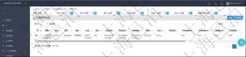 在項(xiàng)目管理軟件車輛管理系統(tǒng)中查詢車輛使用日志列表返回單位、部門、團(tuán)隊(duì)、車輛、備注、記錄時(shí)間、開始時(shí)間、結(jié)束時(shí)間、主管人、經(jīng)辦人、司機(jī)姓名、開始油量、結(jié)束油量、油耗數(shù)、開始里程。