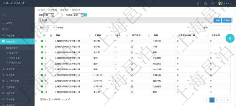 項(xiàng)目管理軟件的內(nèi)容管理集成了網(wǎng)站內(nèi)容發(fā)布模塊，可通過頻道維護(hù)內(nèi)容網(wǎng)站頁面的不同板塊。頻道維護(hù)列表查詢返回信息包括：父子頻道關(guān)系、序號(hào)、是否顯示還是隱藏、頻道名稱、首頁顯示內(nèi)容個(gè)數(shù)、首頁排序序號(hào)等。