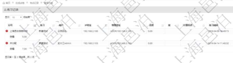 在項(xiàng)目管理軟件在線試卷模塊查詢聯(lián)系記錄返回：公司、練習(xí)、用戶、IP地址、物理地址、進(jìn)度、域、計(jì)算機(jī)名、練習(xí)時(shí)間、總分、分值等信息。