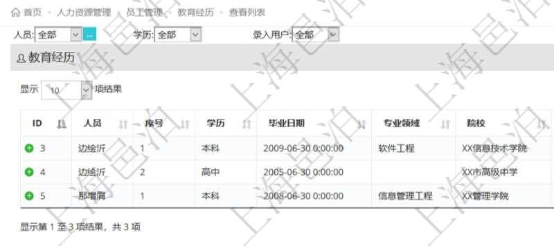 通過項(xiàng)目管理軟件人力資源管理系統(tǒng)可以查詢得到員工教育經(jīng)歷信息：人員、序號(hào)、學(xué)歷、畢業(yè)日期、專業(yè)領(lǐng)域、院校、錄入時(shí)間、錄入用戶等。