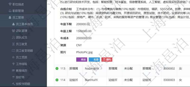 項目管理軟件人力資源管理模塊查詢列表可以查詢返回員工基本信息資料，比如：姓名、代碼、描述、財務(wù)人、登錄賬戶、工號、性別、生日、入職日期、學(xué)歷、崗位、職稱、電話、傳真、電子郵件、單位、部門、直接主管、在職狀態(tài)、負責(zé)領(lǐng)域、標簽、崗位職責(zé)、自我介紹、年薪下限、年薪上限、年成本、資源、照片等。