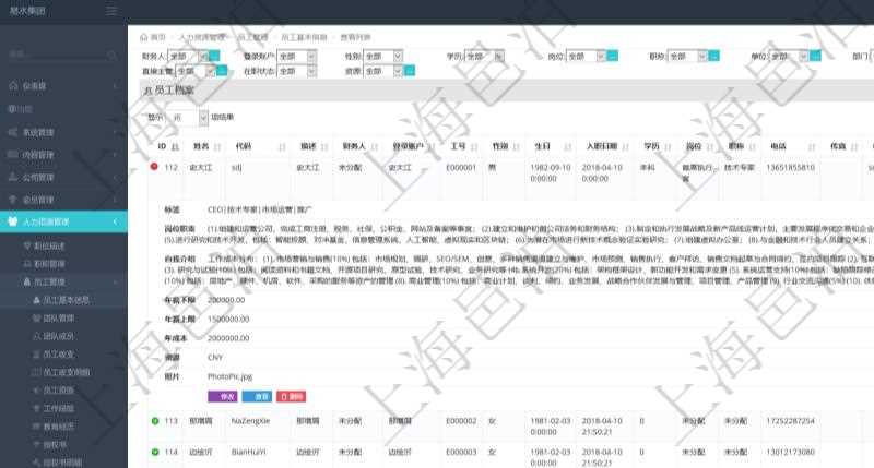 項(xiàng)目管理軟件人力資源管理模塊查詢列表可以查詢返回員工基本信息資料，比如：姓名、代碼、描述、財(cái)務(wù)人、登錄賬戶、工號(hào)、性別、生日、入職日期、學(xué)歷、崗位、職稱、電話、傳真、電子郵件、單位、部門、直接主管、在職狀態(tài)、負(fù)責(zé)領(lǐng)域、標(biāo)簽、崗位職責(zé)、自我介紹、年薪下限、年薪上限、年成本、資源、照片等。
