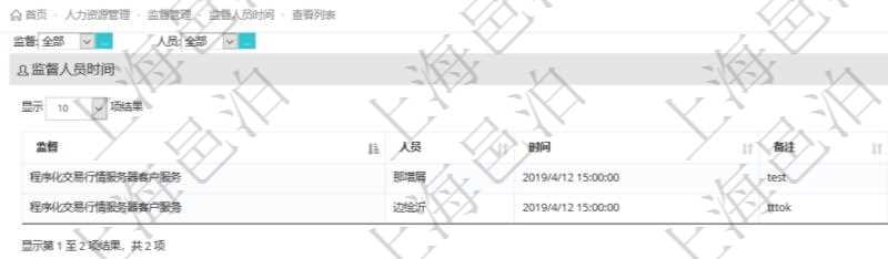 在項(xiàng)目管理軟件人力資源模塊，查詢(xún)監(jiān)督人員時(shí)間信息返回監(jiān)督、人員、執(zhí)行時(shí)間及備注。