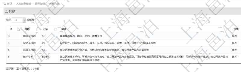 項目管理軟件人力資源管理職稱管理查詢列表可以查詢維護(hù)職稱配置信息，比如包括：ID、名稱、代碼、描述與分類等。