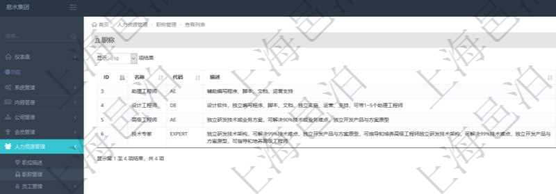 項(xiàng)目管理軟件人力資源管理職稱管理查詢列表可以查詢維護(hù)職稱配置信息，比如包括：ID、名稱、代碼、描述與分類等。