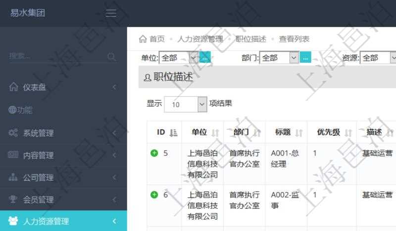 項目管理軟件人力資源管理職位描述查詢返回系統(tǒng)中維護的所有職位的列表及明細信息，明細信息包括：單位、部門、職位名稱標題、招聘或重要度優(yōu)先級、分類概述、年薪下限、年薪上線、職位年成本、計價貨幣、目標數(shù)量、在職數(shù)量、職位描述等。