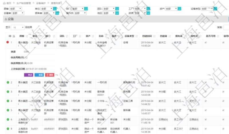 在項(xiàng)目管理軟件MES生產(chǎn)制造管理系統(tǒng)查詢維護(hù)設(shè)備列表時(shí)，返回的列表明細(xì)字段有：?jiǎn)挝?、部門、團(tuán)隊(duì)、工廠、資產(chǎn)、名稱、描述、設(shè)備類型、創(chuàng)建時(shí)間、創(chuàng)建者、擁有者、操作員、是否可用標(biāo)志、使用中標(biāo)志、地區(qū)、資源、貨幣單位、保養(yǎng)周期、保養(yǎng)預(yù)警、上次保養(yǎng)日期。