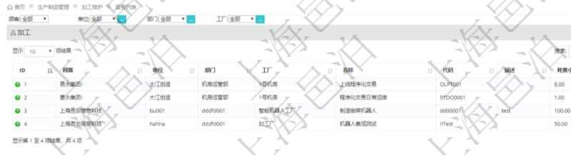 在項目管理軟件MES生產(chǎn)制造管理系統(tǒng)查詢加工返回的列表信息有：單位、部門、工廠、名稱、代碼、描述、耗費小時。