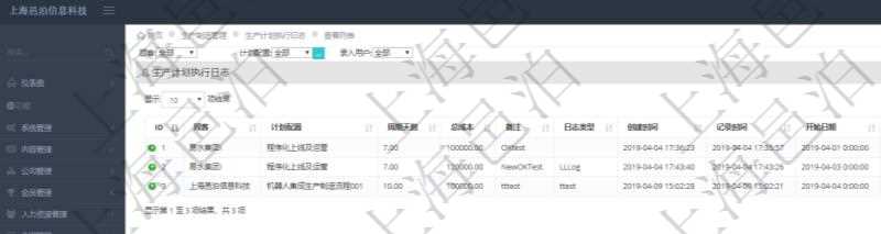 在項目管理軟件MES生產(chǎn)制造管理系統(tǒng)中查詢生產(chǎn)計劃執(zhí)行日志列表返回計劃配置、周期天數(shù)、總成本、備注、日志類型、創(chuàng)建時間、記錄時間、開始日期、結束日期、錄入用戶。