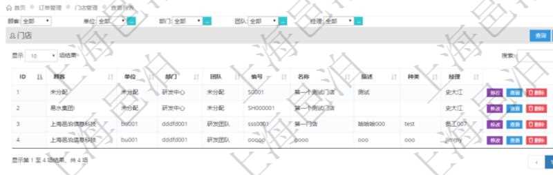 在項目管理軟件里可通過訂單管理系統(tǒng)查詢返回門店列表信息，比如：單位、部門、團隊、編號、名稱、描述、種類及門店經理。