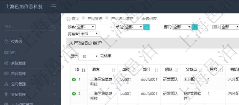 在項(xiàng)目管理軟件里可通過產(chǎn)品管理系統(tǒng)查詢返回產(chǎn)品結(jié)點(diǎn)維護(hù)列表信息，比如：：單位、部門、團(tuán)隊(duì)、父節(jié)點(diǎn)、序號(hào)、初始根節(jié)點(diǎn)、結(jié)點(diǎn)類型、結(jié)點(diǎn)名稱、描述、創(chuàng)建時(shí)間、更新時(shí)間、關(guān)鍵字、創(chuàng)建者、擁有者。
