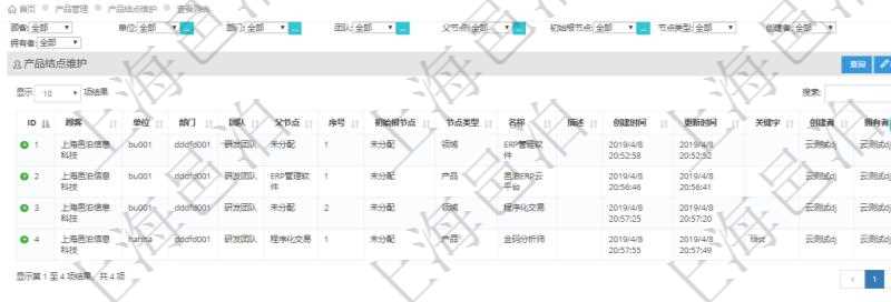 在項目管理軟件里可通過產(chǎn)品管理系統(tǒng)查詢返回產(chǎn)品結(jié)點維護列表信息，比如：：單位、部門、團隊、父節(jié)點、序號、初始根節(jié)點、結(jié)點類型、結(jié)點名稱、描述、創(chuàng)建時間、更新時間、關(guān)鍵字、創(chuàng)建者、擁有者。