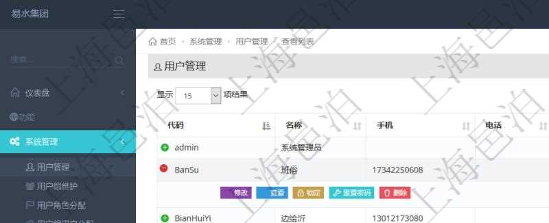 用戶管理查詢可以查到項目管理軟件中的用戶信息列表，包括：用戶登錄代碼、名稱、手機、電話、郵箱、創(chuàng)建日期、激活狀態(tài)等?？梢詫τ脩暨M行修改、查看、鎖定、解鎖、重置密碼和刪除等操作。