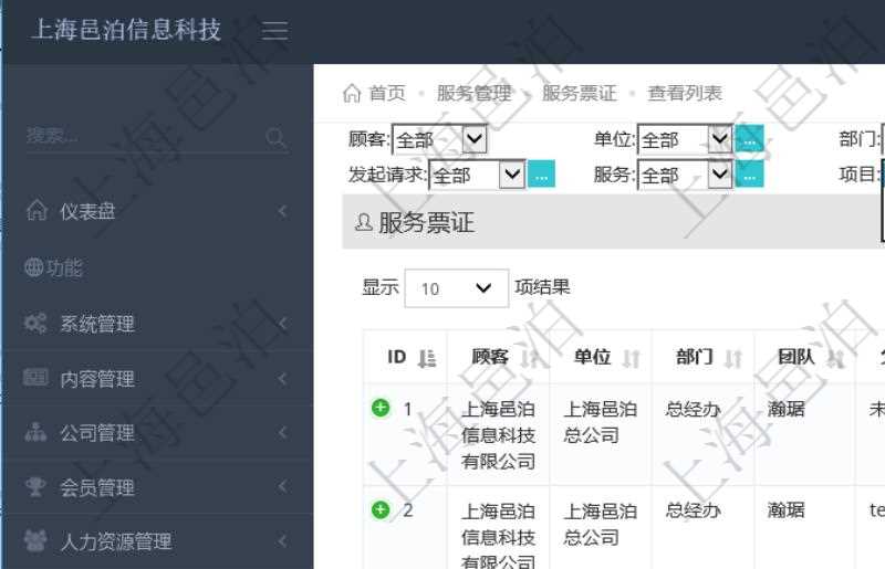 項(xiàng)目管理軟件通過(guò)服務(wù)票證跟蹤和管理服務(wù)工作流程。通過(guò)查詢服務(wù)票證頁(yè)面可以查詢得到服務(wù)票證詳細(xì)列表，列表內(nèi)容包括：?jiǎn)挝?、部門、團(tuán)隊(duì)、父票證、序號(hào)、發(fā)起請(qǐng)求、服務(wù)、分類、標(biāo)題、描述等。