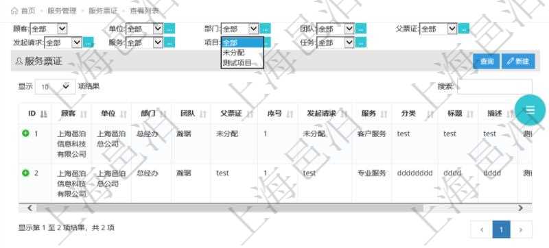 項目管理軟件通過服務(wù)票證跟蹤和管理服務(wù)工作流程。通過查詢服務(wù)票證頁面可以查詢得到服務(wù)票證詳細列表，列表內(nèi)容包括：單位、部門、團隊、父票證、序號、發(fā)起請求、服務(wù)、分類、標題、描述等。