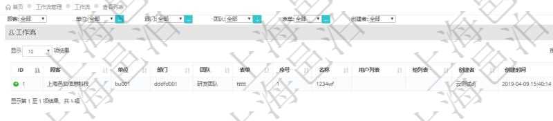 在項(xiàng)目管理軟件工作流管理系統(tǒng)查詢工作流列表返回單位、部門、團(tuán)隊(duì)、表單、序號(hào)、名稱、用戶列表、組列表、創(chuàng)建者、創(chuàng)建時(shí)間、激活狀態(tài)。