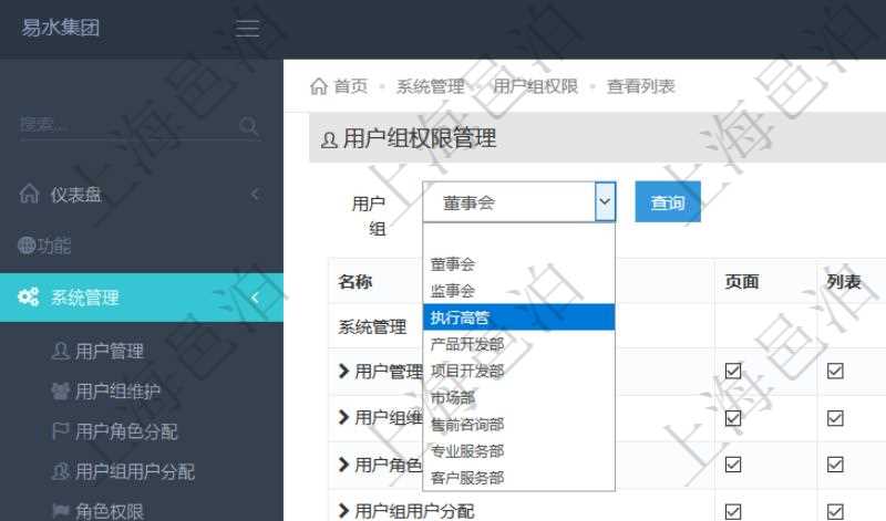 可通過勾選設(shè)置用戶組中用戶訪問系統(tǒng)功能模塊的權(quán)限，比如每個(gè)頁面的功能使用、列表查詢、明細(xì)查看、新建、更新、刪除等操作權(quán)限，也可以針對(duì)每個(gè)功能特定的操作和業(yè)務(wù)流程設(shè)置權(quán)限，比如：用戶管理的導(dǎo)入用戶與導(dǎo)出表格功能。