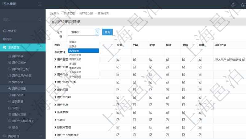 可通過勾選設(shè)置用戶組中用戶訪問系統(tǒng)功能模塊的權(quán)限，比如每個(gè)頁面的功能使用、列表查詢、明細(xì)查看、新建、更新、刪除等操作權(quán)限，也可以針對每個(gè)功能特定的操作和業(yè)務(wù)流程設(shè)置權(quán)限，比如：用戶管理的導(dǎo)入用戶與導(dǎo)出表格功能。