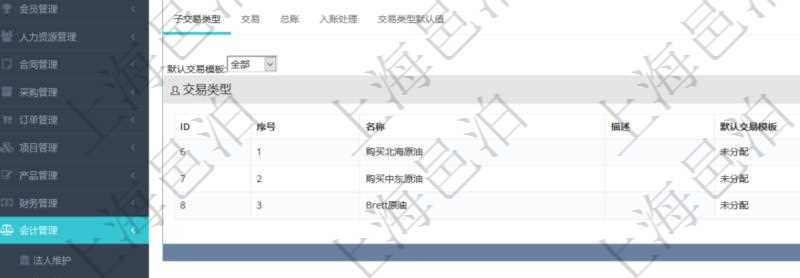項目管理軟件會計管理模塊交易類型查詢還可以關(guān)聯(lián)查詢更多相關(guān)資料，比如子交易類型：序號、子交易類型名稱、描述、默認交易模板。