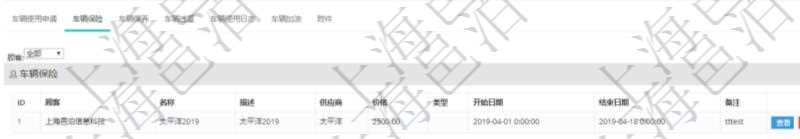 在項目管理軟件車輛管理系統(tǒng)查詢車輛信息還會返回關聯(lián)的車輛保險信息：名稱、描述、供應商、價格、類型、開始日期、結(jié)束日期、備注。