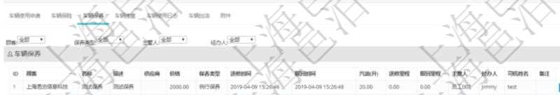 在項目管理軟件車輛管理系統(tǒng)查詢車輛信息還會返回關(guān)聯(lián)的車輛保養(yǎng)信息：名稱、描述、供應(yīng)商、價格、保養(yǎng)類型、送修時間、取回時間、汽油、送修里程、取回里程、主管人、經(jīng)辦人、司機(jī)姓名、備注。