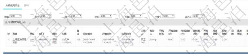 在項(xiàng)目管理軟件車輛管理系統(tǒng)查詢車輛使用申請(qǐng)明細(xì)信息還會(huì)返回關(guān)聯(lián)的車輛使用日志列表：?jiǎn)挝弧⒉块T、團(tuán)隊(duì)、車輛、備注、記錄時(shí)間、開始時(shí)間、結(jié)束時(shí)間、主管人、經(jīng)辦人、司機(jī)姓名、開始油量、結(jié)束油量、油耗數(shù)、開始里程、結(jié)束里程、行駛里程、目的、出發(fā)地址、結(jié)束地址。
