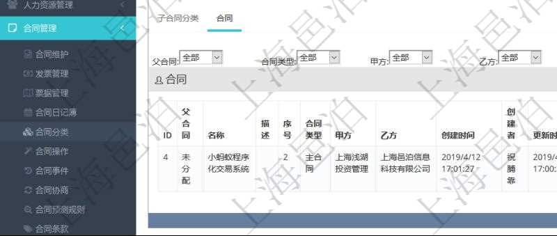 項目管理軟件合同管理模塊合同分類明細(xì)查詢還可以關(guān)聯(lián)查詢更多相關(guān)資料，比如該合同類型的所有合同：父合同、名稱、描述、序號、合同類型、甲方、乙方、創(chuàng)建者、更新時間、所有者、關(guān)聯(lián)任務(wù)、關(guān)聯(lián)項目、發(fā)起時間、簽約時間、生效時間、預(yù)計完成時間、實(shí)際完成時間、完成進(jìn)度等。