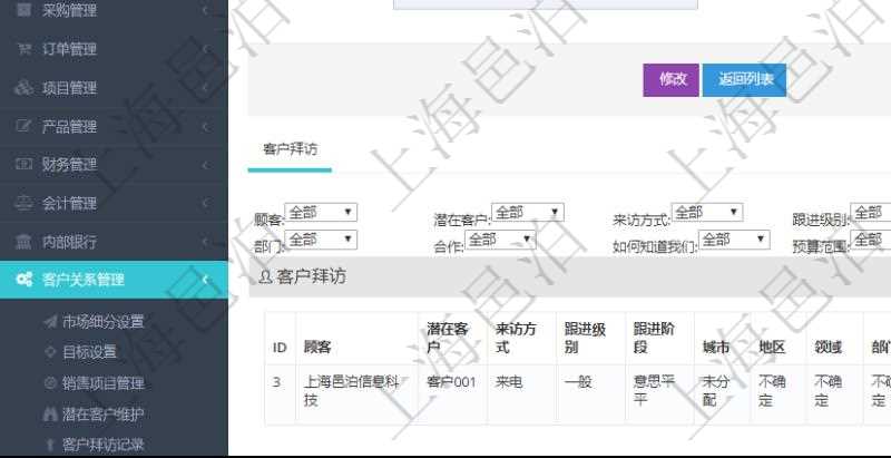 在項(xiàng)目管理軟件CRM客戶關(guān)系管理系統(tǒng)中，查詢客戶項(xiàng)目時(shí)除了返回實(shí)際客戶項(xiàng)目信息外，還包括客戶項(xiàng)目的拜訪記錄：潛在客戶、來訪方式、跟進(jìn)級(jí)別、跟進(jìn)階段、城市、地區(qū)、領(lǐng)域、部門、合作方式、如何知道我們、預(yù)算范圍、聯(lián)系目標(biāo)、簽約概率、溝通細(xì)節(jié)、來訪時(shí)間、價(jià)格反應(yīng)及認(rèn)知途徑等。