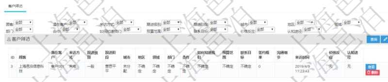 在項目管理軟件CRM客戶關(guān)系管理系統(tǒng)中，查詢客戶項目時除了返回實際客戶項目信息外，還包括客戶項目的拜訪記錄：潛在客戶、來訪方式、跟進級別、跟進階段、城市、地區(qū)、領(lǐng)域、部門、合作方式、如何知道我們、預(yù)算范圍、聯(lián)系目標(biāo)、簽約概率、溝通細節(jié)、來訪時間、價格反應(yīng)及認知途徑等。