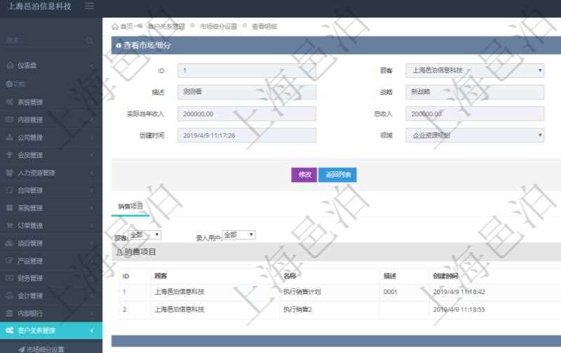 在項(xiàng)目管理軟件CRM客戶關(guān)系管理系統(tǒng)里查詢市場(chǎng)細(xì)分返回的基本字段信息有：市場(chǎng)、描述、戰(zhàn)略、預(yù)計(jì)年收入、實(shí)際當(dāng)年收入、總收入、貨幣、創(chuàng)建時(shí)間、領(lǐng)域、錄入用戶。同時(shí)，還有關(guān)聯(lián)的明細(xì)數(shù)據(jù)，比如銷售項(xiàng)目：項(xiàng)目名稱、描述、創(chuàng)建時(shí)間及錄入用戶。