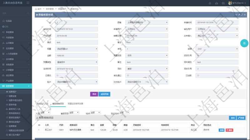 項(xiàng)目管理軟件財(cái)務(wù)管理模塊差旅申請明細(xì)查詢還可以關(guān)聯(lián)查詢更多相關(guān)資料，比如差旅報(bào)銷項(xiàng)目：人員、代碼、差旅項(xiàng)目、備注、金額、價(jià)格、數(shù)量、開始時(shí)間、結(jié)束時(shí)間、地點(diǎn)、到達(dá)地點(diǎn)。