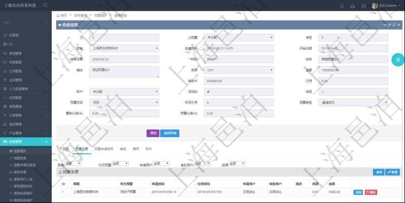項目管理軟件財務管理模塊預算維護明細查詢還可以關聯(lián)查詢更多相關資料，比如預算變更：對方預算、申請時間、生效時間、申請用戶、審批用戶、描述、貨幣單位、金額。