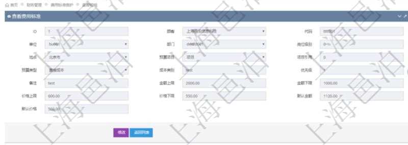 項目管理軟件財務(wù)管理系統(tǒng)費用標準查詢列表返回費用標準代碼、單位、部門、崗位級別、地點、預算項目、項目引用、預算類型、成本類別、優(yōu)先級、備注、金額上限、金額下限、價格上限、價格下限、默認金額、默認價格。