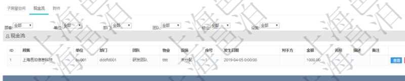 在項目管理軟件房地產(chǎn)管理系統(tǒng)查詢房屋空間明細除了返回基本配置信息外，還會返回關聯(lián)的現(xiàn)金流信息：單位、部門、團隊、物業(yè)、設施、序號、發(fā)生日期、對手方、金額、名稱、描述、備注。