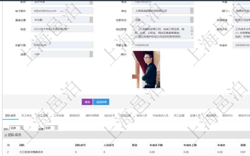 項(xiàng)目管理軟件人力資源管理模塊員工基本信息資料明細(xì)查詢除了包括姓名、代碼、描述、財(cái)務(wù)人、登錄賬戶、工號(hào)、性別、生日、入職日期、學(xué)歷、崗位、職稱、電話、傳真、電子郵件、單位、部門、直接主管、在職狀態(tài)、負(fù)責(zé)領(lǐng)域、標(biāo)簽、崗位職責(zé)、自我介紹、年薪下限、年薪上限、年成本、資源、照片等信息還可以關(guān)聯(lián)查詢更多相關(guān)資料。