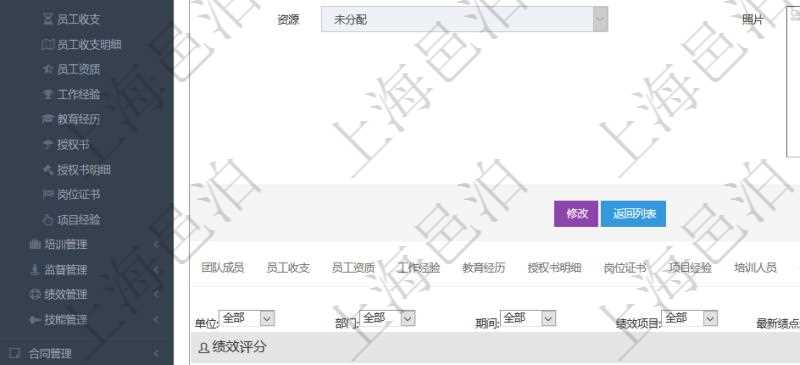 項(xiàng)目管理軟件人力資源管理模塊員工基本信息資料明細(xì)查詢還可以關(guān)聯(lián)查詢更多相關(guān)資料，比如績效評(píng)分：單位、部門、期間、人力資源類型、人力團(tuán)隊(duì)資源、版本、績效項(xiàng)目、一級(jí)分類權(quán)重、二級(jí)分類權(quán)重、三級(jí)分類權(quán)重、績效項(xiàng)目權(quán)重、更新時(shí)間等。