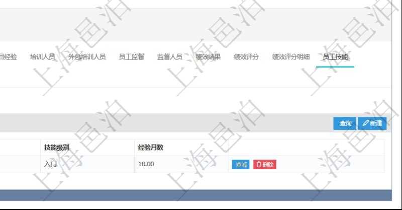 項(xiàng)目管理軟件人力資源管理模塊員工基本信息資料明細(xì)查詢還可以關(guān)聯(lián)查詢更多相關(guān)資料，比如員工技能：經(jīng)驗(yàn)、版本、更新時(shí)間、技能級(jí)別、經(jīng)驗(yàn)月數(shù)等。