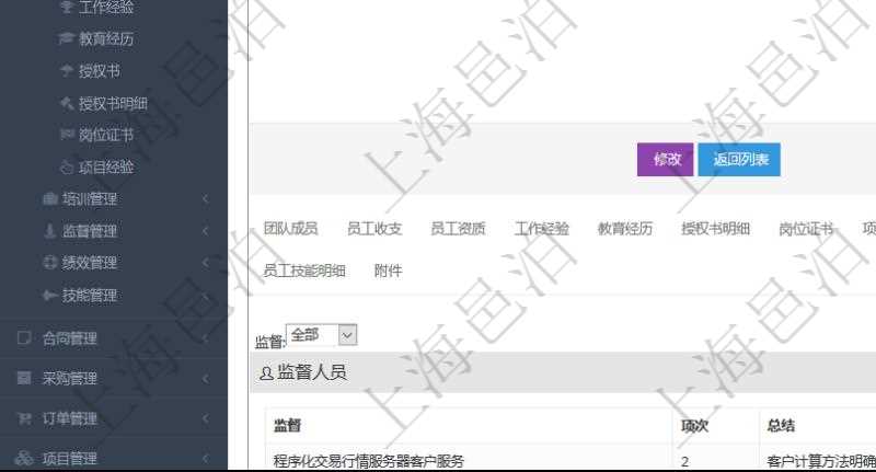 項目管理軟件人力資源管理模塊員工基本信息資料明細(xì)查詢還可以關(guān)聯(lián)查詢更多相關(guān)資料，比如負(fù)責(zé)過的監(jiān)督項目：監(jiān)督、項次、總結(jié)。
