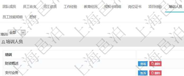 項(xiàng)目管理軟件人力資源管理模塊員工基本信息資料明細(xì)查詢還可以關(guān)聯(lián)查詢更多相關(guān)資料，比如參加過的培訓(xùn)。