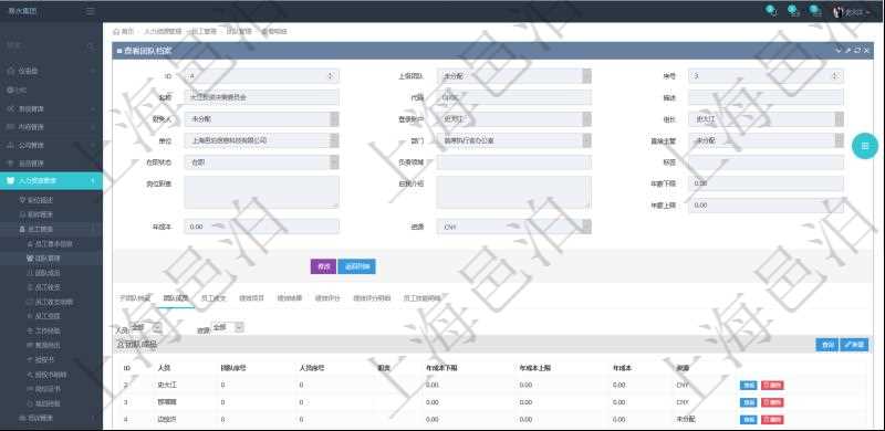 項目管理軟件人力資源管理系統(tǒng)可以通過團(tuán)隊明細(xì)子頁面查詢得到該團(tuán)隊的團(tuán)隊成員信息，比如：人員姓名、團(tuán)隊序號、人員序號、職責(zé)、年成本下限、年成本上限、年成本、貨幣單位資源。