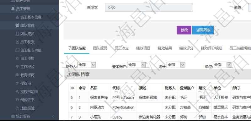 項(xiàng)目管理軟件人力資源管理系統(tǒng)可以通過團(tuán)隊(duì)明細(xì)子頁面查詢得到該團(tuán)隊(duì)的子團(tuán)隊(duì)信息，比如：子團(tuán)隊(duì)名稱、子團(tuán)隊(duì)代碼、子團(tuán)隊(duì)描述、財(cái)務(wù)人、登錄賬戶、組長(zhǎng)、單位、部門、直接主管、在職狀態(tài)、負(fù)責(zé)領(lǐng)域、標(biāo)簽、崗位職責(zé)、自我介紹、年薪下限、年薪上限、年成本等。