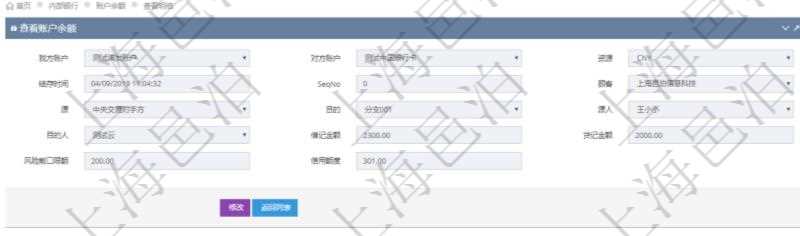 在項目管理軟件內(nèi)部銀行模塊查詢賬戶余額時的明細信息有：我方賬戶、對手方賬戶、貨幣單位、結存時間、序號、源賬戶、目的賬戶、源人、目的人、借記金額、貸記金額、風險敞口限額、信用額度。