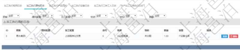 在項目管理軟件MES生產(chǎn)制造管理系統(tǒng)查詢加工執(zhí)行日志信息時，還返回了關(guān)聯(lián)的加工執(zhí)行原料日志：原料配置、加工配置、序號、物資、物料、數(shù)量、容器、描述。