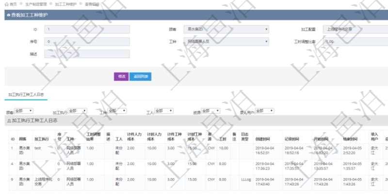 在項(xiàng)目管理軟件MES生產(chǎn)制造管理系統(tǒng)查詢加工工種維護(hù)信息時(shí)，還返回了關(guān)聯(lián)的加工執(zhí)行工種工人日志：加工執(zhí)行、序號(hào)、工種、工時(shí)調(diào)整比率、描述、工人、計(jì)件人力成本、計(jì)時(shí)人力成本、計(jì)件工種成本、計(jì)時(shí)工種成本、資源、貨幣單位、工時(shí)、備注、日志類型、創(chuàng)建時(shí)間、記錄時(shí)間、開始時(shí)間、結(jié)束時(shí)間、錄入用戶、總成本。