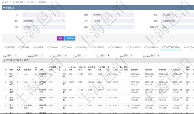 在項(xiàng)目管理軟件MES生產(chǎn)制造管理系統(tǒng)查詢加工明細(xì)信息時(shí)，還返回了關(guān)聯(lián)的加工執(zhí)行工種工人日志：工種配置、加工執(zhí)行、序號、工種、工時(shí)調(diào)整比率、描述、工人、計(jì)件人力成本、計(jì)時(shí)人力成本、計(jì)件工種成本、計(jì)時(shí)工種成本、資源、貨幣單位、工時(shí)、備注、日志類型、創(chuàng)建時(shí)間、記錄時(shí)間、開始時(shí)間、結(jié)束時(shí)間、錄入用戶、總成本。